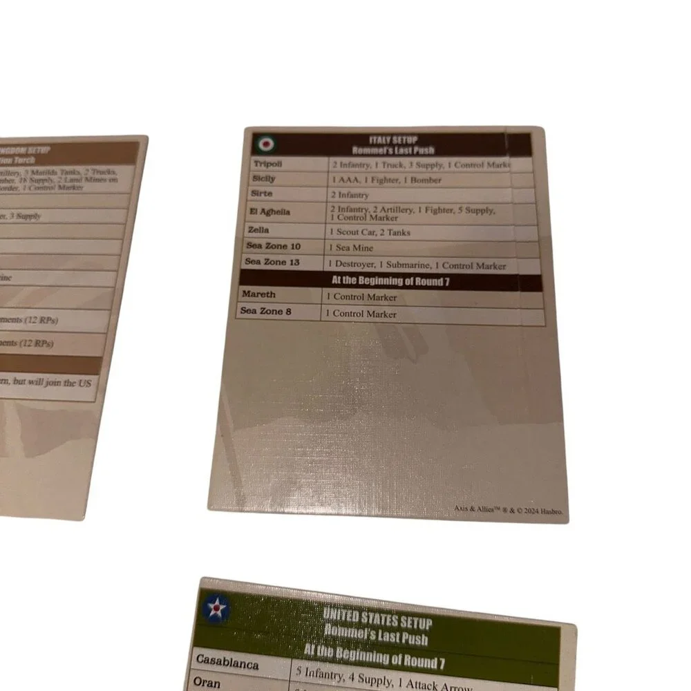 Hasbro Axis and Allies North Africa Board Game Country Cards Repalcement Parts